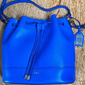 Lauren Ralph Lauren |  Large Tate Drawstring Hobo in Pacific Blue.